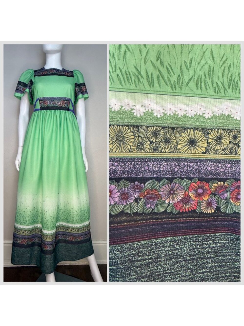 Vintage 1970s Boho Green Floral Border Print Maxi Dress, En Rikke Modell Small